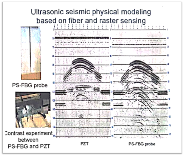 Ultrasonic seismic physical modeling based on fiber and raster sensing